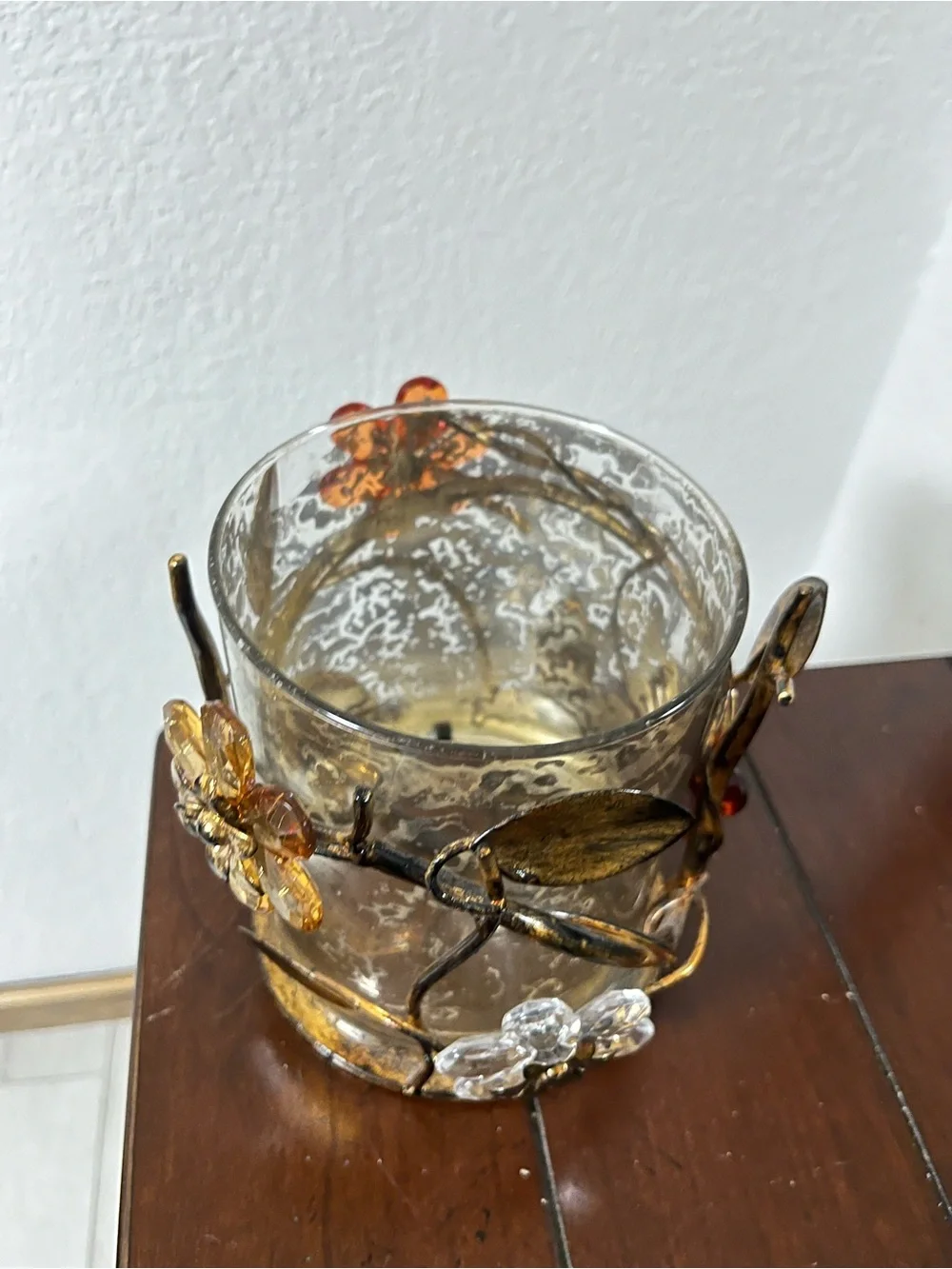Pier 1 Amber and Clear Floral Glass Candle Holder